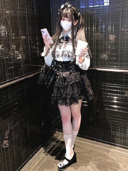 Jirai Kei High Waist Tiered Lace Skirt | Heart Buckles & Lace-Up Detail | 5 Colors