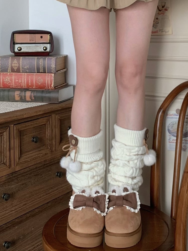 Stockings Design Bow at Top Brown Platform Boots