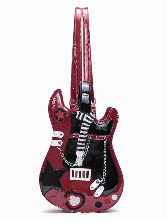 Red & Black Star Design Sweetheart Embroidered Guitar-shaped Bag