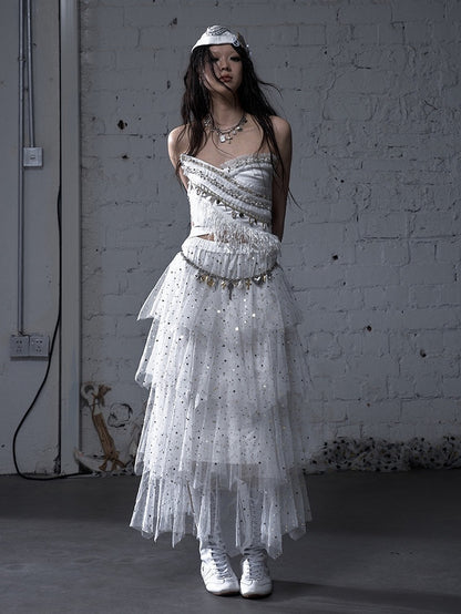 Baroque Bead Details Fringe Hem Black/White Crossover Design Strapless Top