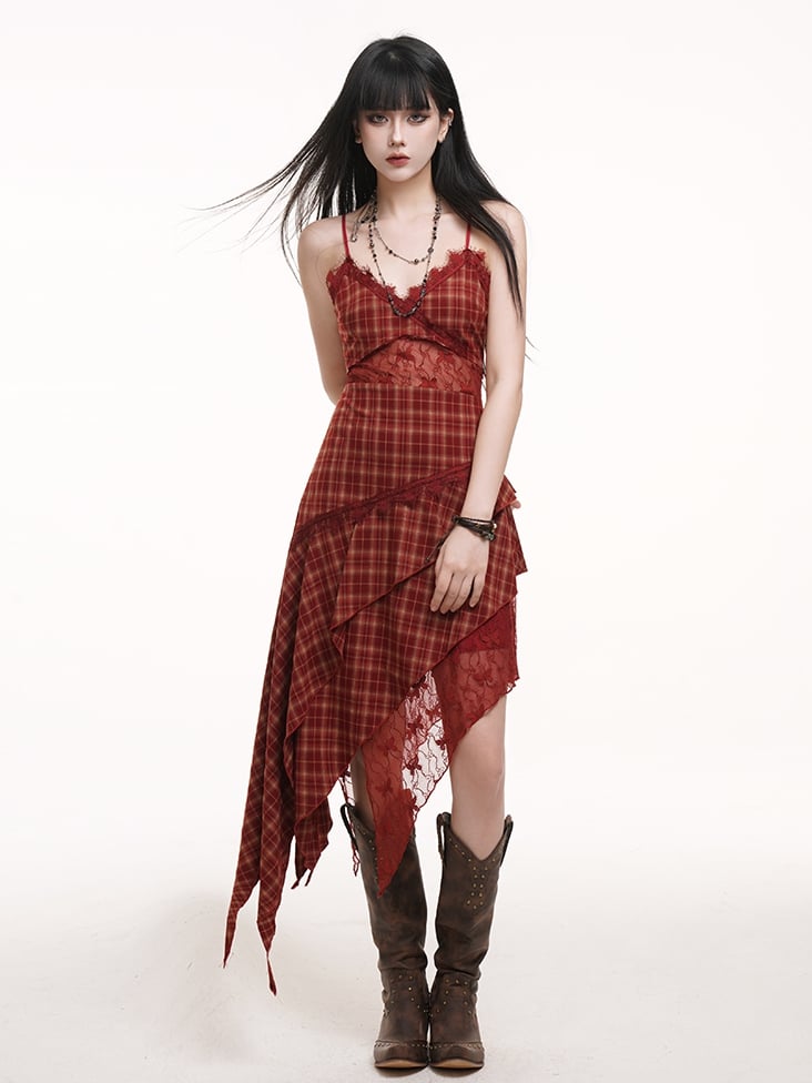 Red Plaid V-neck Handkerchief Hem Cutout Midriff Cami Dress