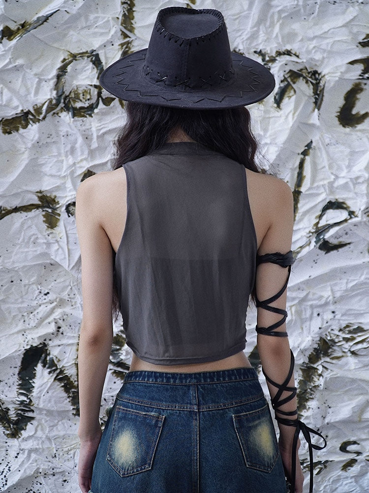 Punk Star Design Dark Grey Sleeveless Top