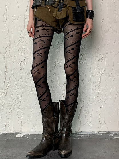 Black Punk Bittersweet Cross And Heart Print Striped Pattern Tights