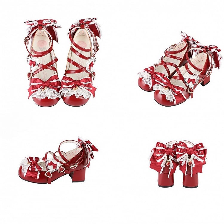 Red Sweet Lolita Bowknot Details Crisscross Design Heart Buckle Straps 2CM/5CM Block Heels Shoes