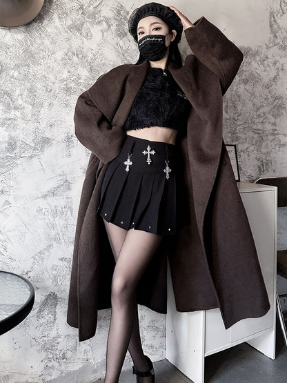 Y2K Black Cross Charms High Waist Studs Design Punk Pleated Skirt