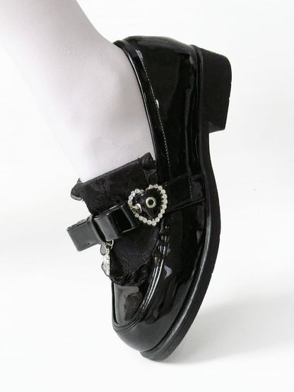 Polished Black Jirai Kei Slip-On Loafers - Low Heel with Rhinestone Decor Bow Accents