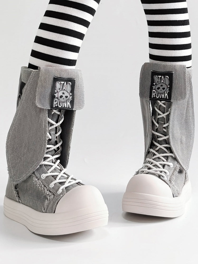 Bunny Ear Details, Raw Hem & Secure Fastening Gray Mid-Calf Boots in Punk Style
