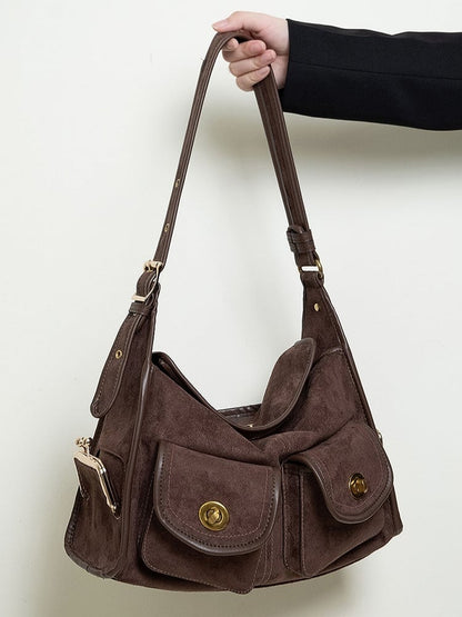 Vintage Brown Single-Shoulder Tote Bag With Gold-tone Hardware - Spacious And Elegant