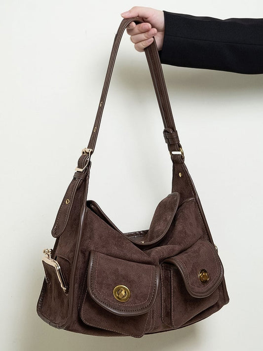 Vintage Brown Single-Shoulder Tote Bag With Gold-tone Hardware - Spacious And Elegant