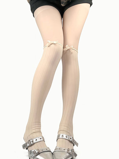 Black/Beige Bowknot Decorated Striped Tights