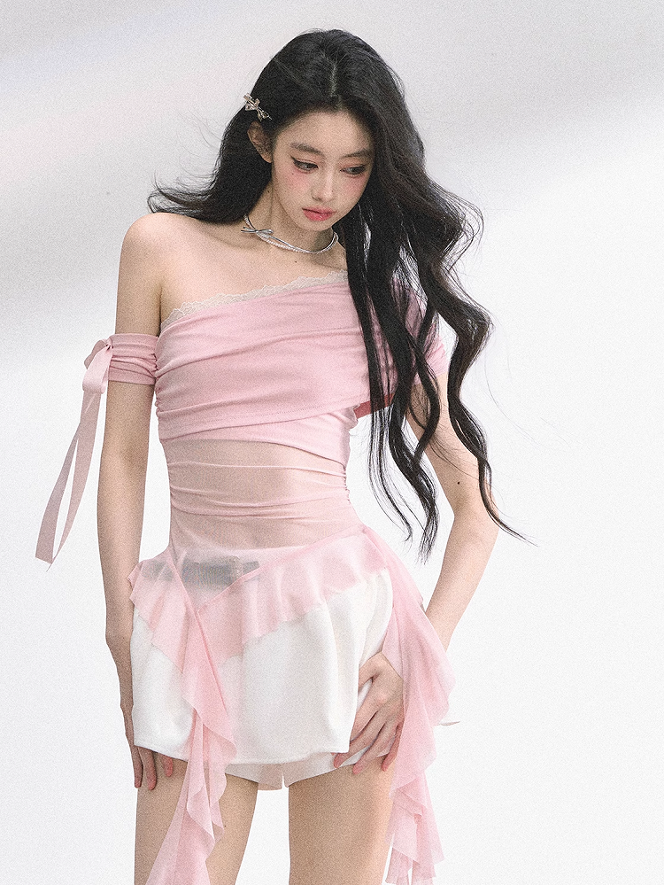 Pink Asymmetrical Neckline Cascading Ruffle Accents Mesh Top