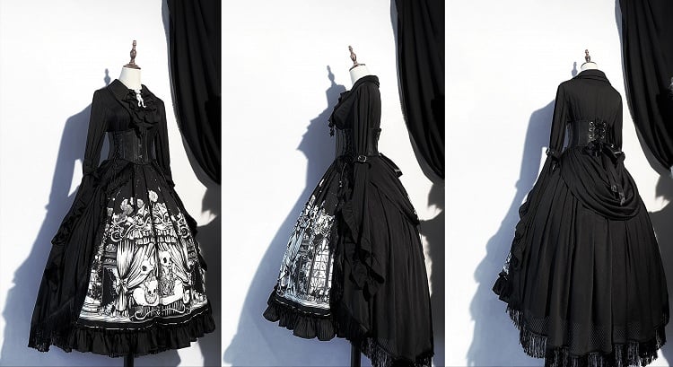 Plus Sizes Available Dark Gothic Lolita Full Set - Black Long Sleeves Shirt + Skirt + Corset Belt