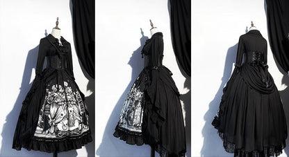 Plus Sizes Available Dark Gothic Lolita Full Set - Black Long Sleeves Shirt + Skirt + Corset Belt