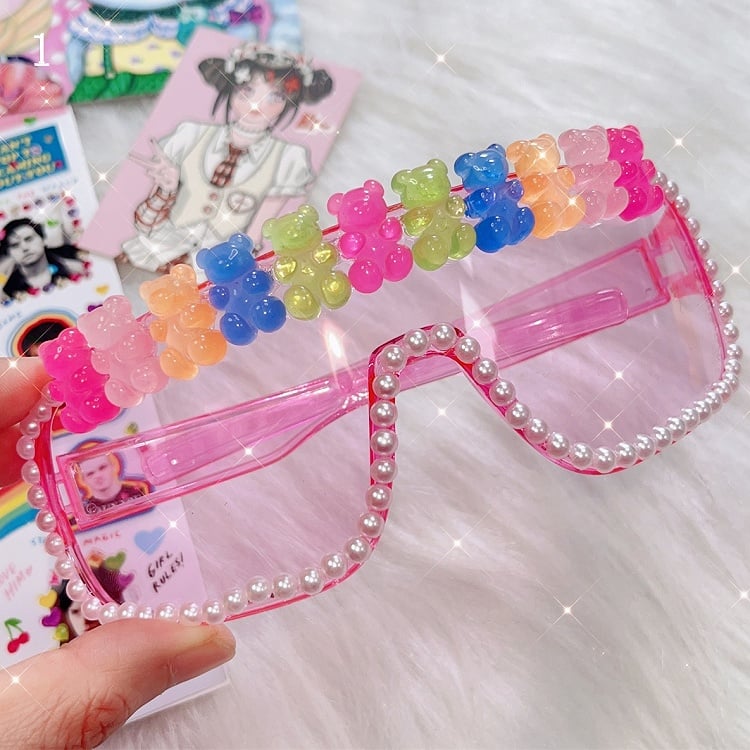4 Options Pink Bear/Star Design Beaded Decorated Sunglasses