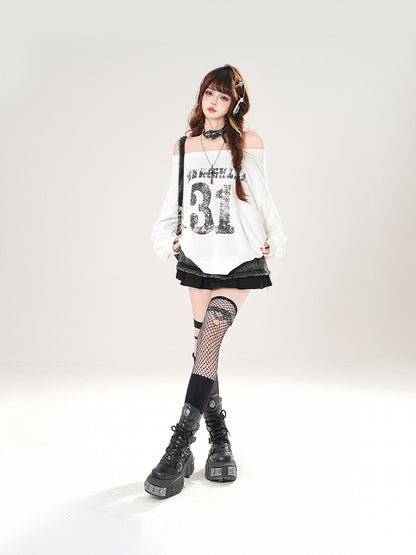 Black/White Off-the-shoulder Neckline Number Print Summer Sweatshirt