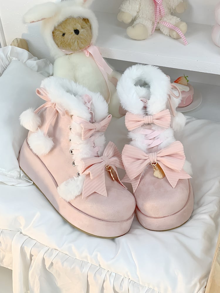 Pink Winter Boots for Lolita with Pompom Decor, Bow Accents & Plush Interior