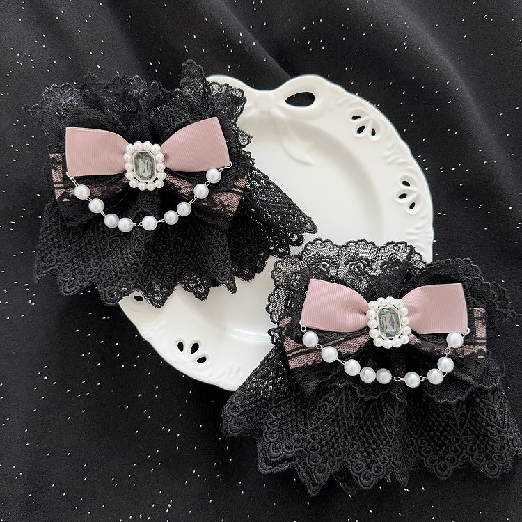 5 Color Options Beaded Charm Rhinestone Decorated Bowknot Lace Wrist Cuffs