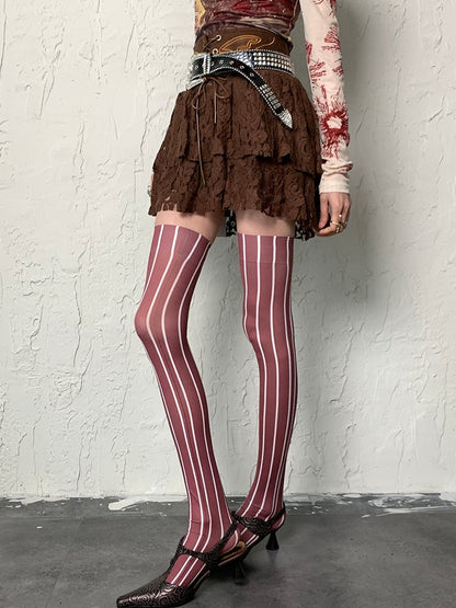 Brown Wasteland Punk Striped Pattern Overknee Stockings