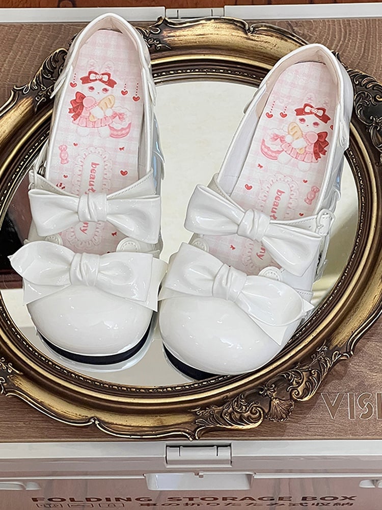 Beige Bow Accents Point Toe Sweet Lolita Block Heels