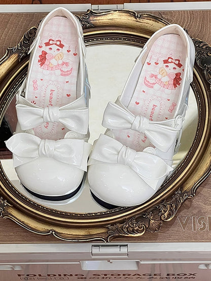 Beige Bow Accents Point Toe Sweet Lolita Block Heels