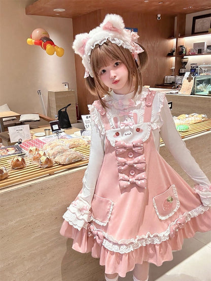 Bunny Ears Design Hood Pink Sweet Lolita Jumper Skirt Polka-dot Bowknot Details on Waist