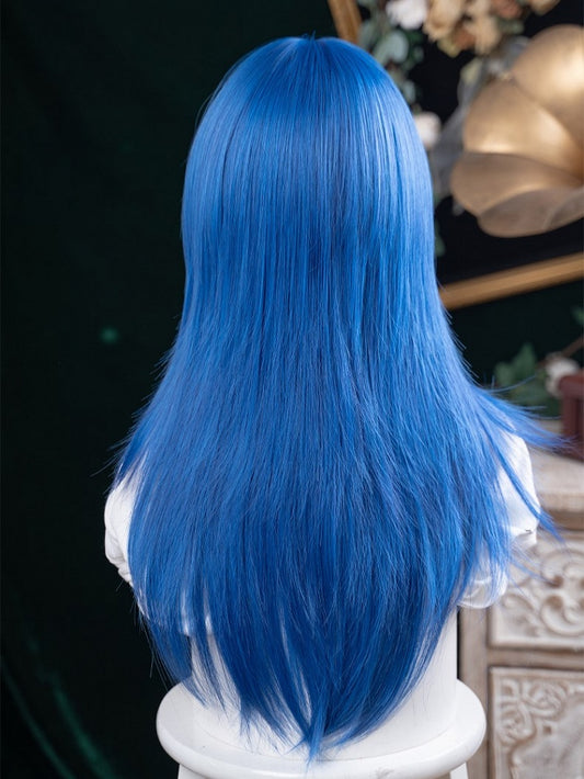 Blue 63CM Length Straight Wig With Full Bangs