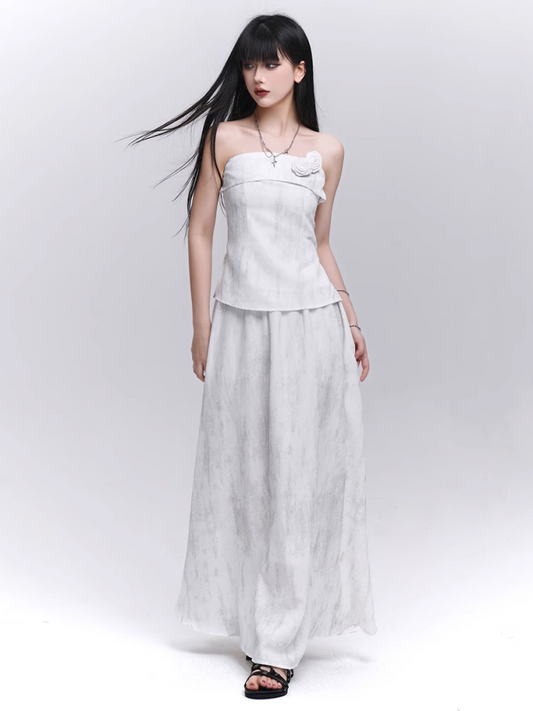 Off-white Floral Embellished Strapless Top / Elastic Waist Skirt
