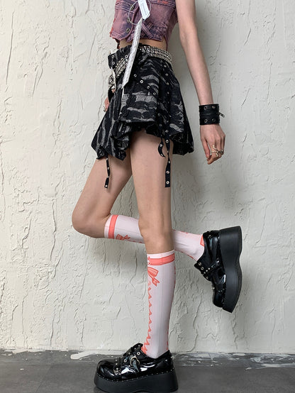 White&Orange Y2K Crisscorss Banded Bunny And Bowknot Print Underknee Stockings