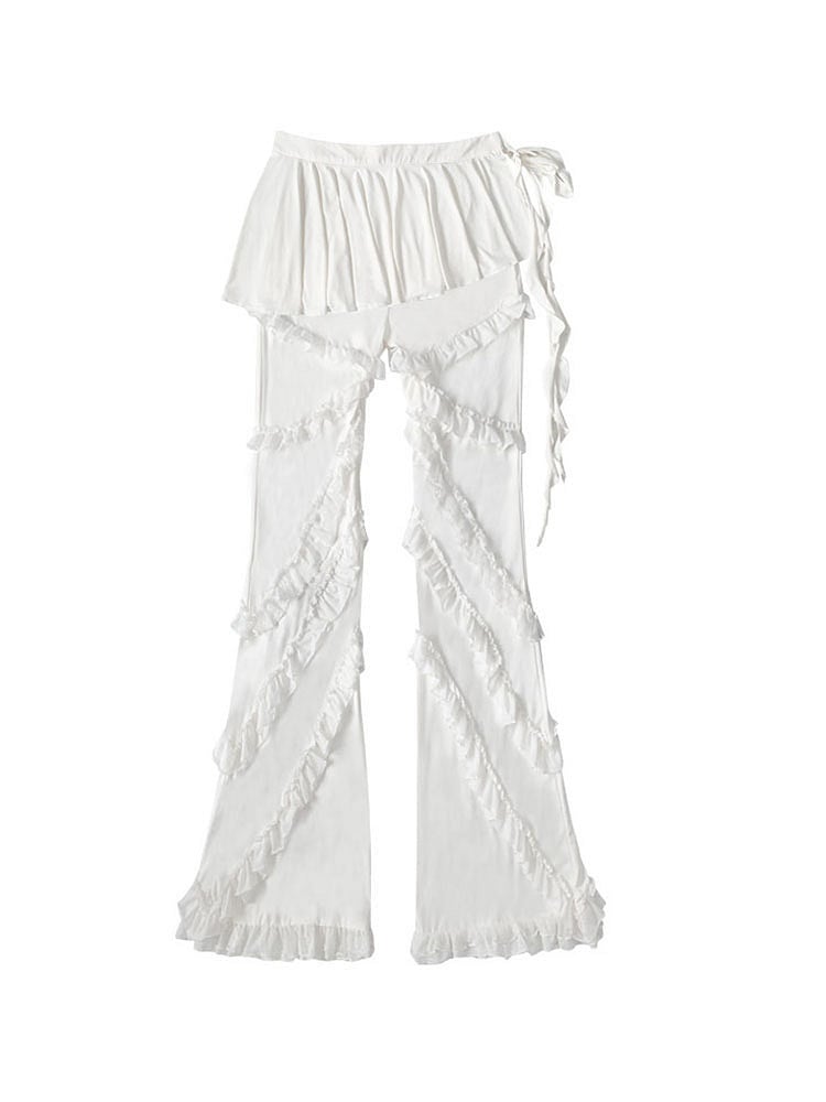 White Balletcore Lace Ruffles Pants + Self-tie Skirt Set