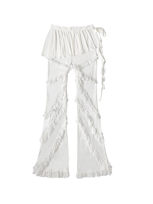 White Balletcore Lace Ruffles Pants + Self-tie Skirt Set