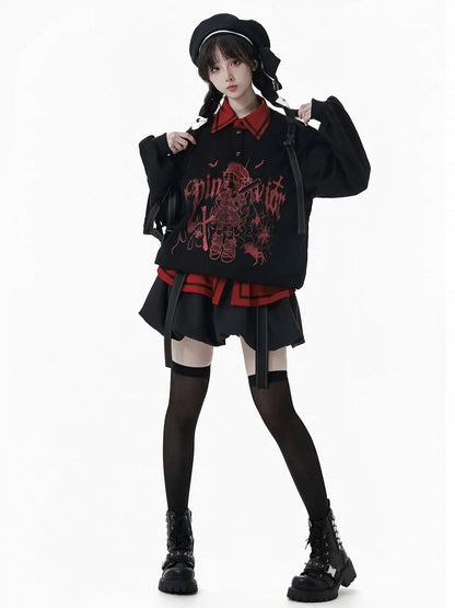 Techwear-Style Black/White Anime Girl Graffiti Sweatshirt with Letter Print and Detachable Snap Straps