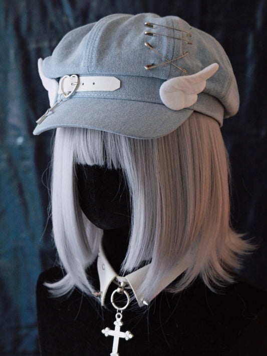 Handmade Heart Buckle and Wings Light Blue Denim Hat