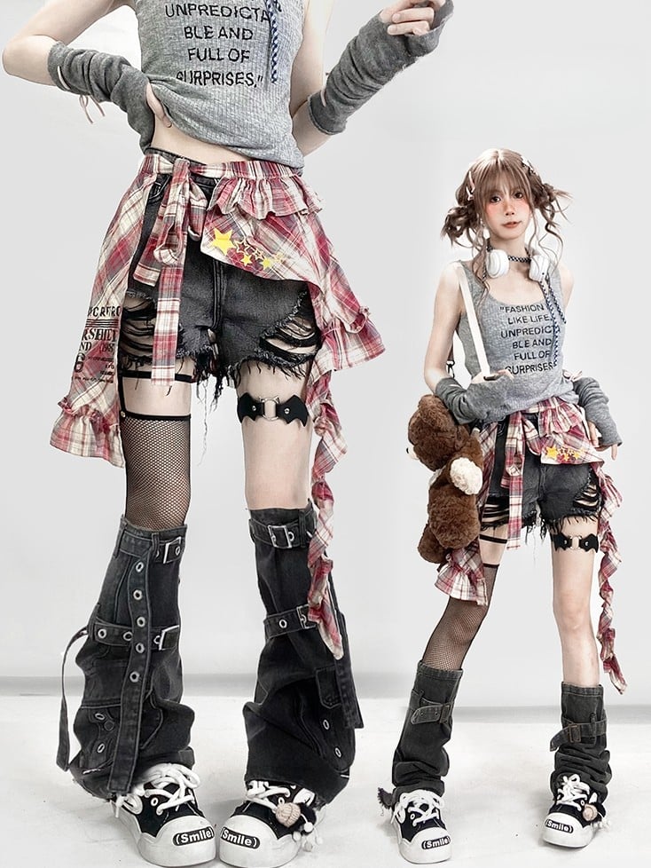 Y2K Bittersweet Black Distressed Holes Design Shorts + Leg Warmers + Red Plaid Accessory