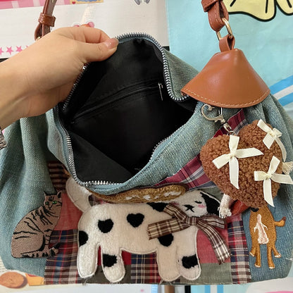 Artisanal Washed Denim Blue and Pink Plaid Shoulder Bag with Vintage Puppy & Kitten Patches