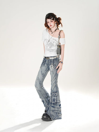 Blue Faded Wash Cargo Pockets Raw Hem Distressed Flared Jeans