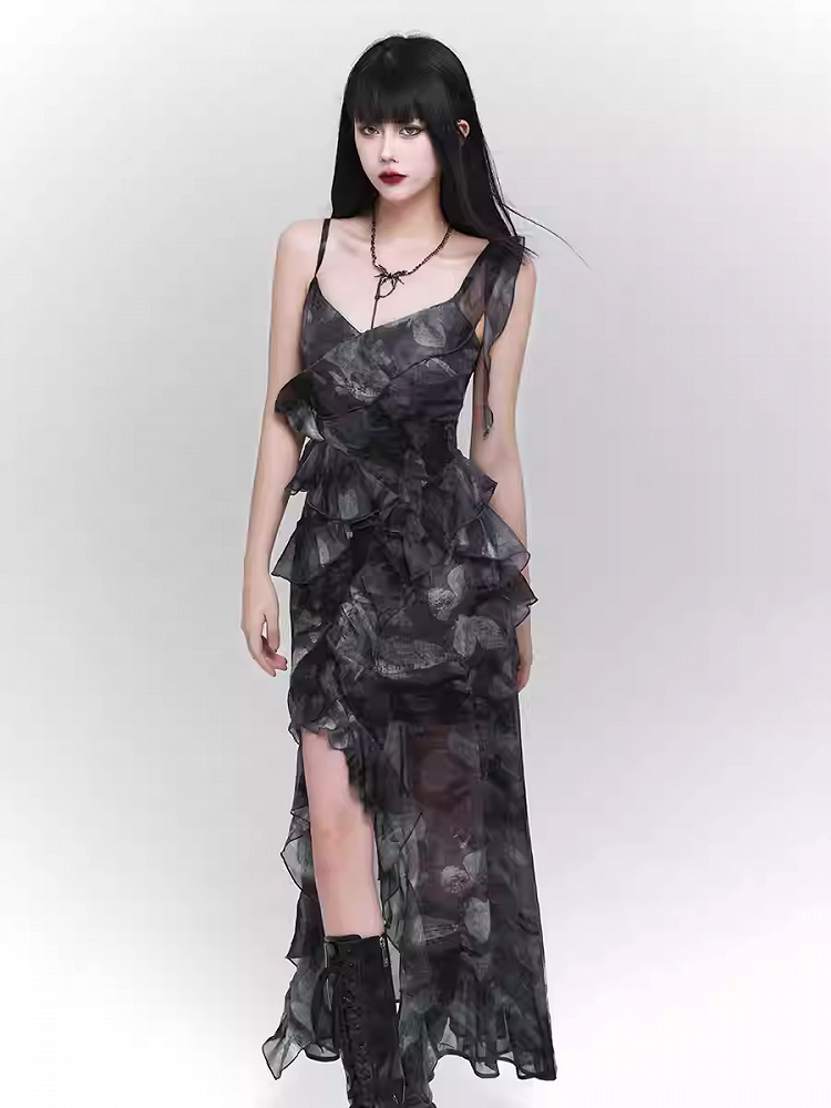 Purple/Dark Gray Butterfly Tie Dye Asymmetrical Flounce Hem Slip Dress