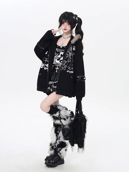 Khaki/Black Faux Fur Collar Loose Punk Coat with Lace-Up Detail