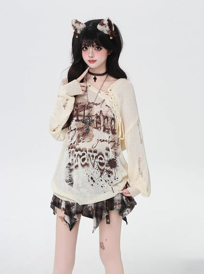 Lace-up Neckline Ink-jet Print Black/Apricot Distressed Holes Knit Coverup