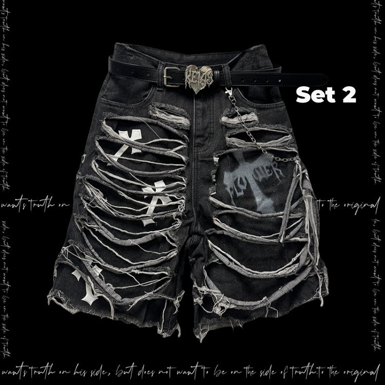 Dark Gray Cross Appliques Distressed Holes Y2K Glamorous Denim Shorts