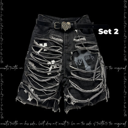 Dark Gray Cross Appliques Distressed Holes Y2K Glamorous Denim Shorts