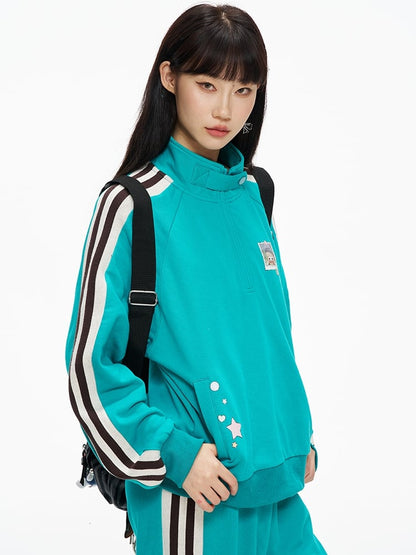 Blue High Neck Sporty Sweatshirt with Side Stripes