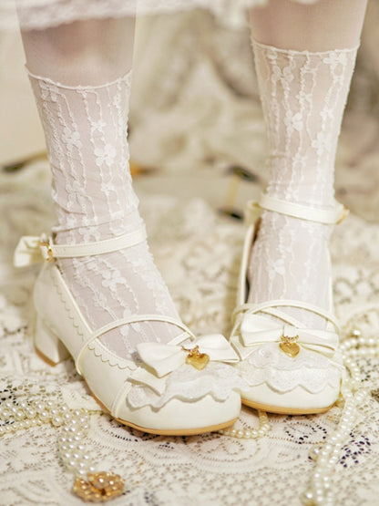 Milky White Heart Charm Bow at Top Lace Trim Crisscross Design Lolita Shoes