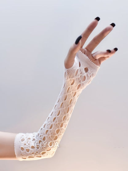 Gothic Black/White Fishnet Long Fingerless Gloves