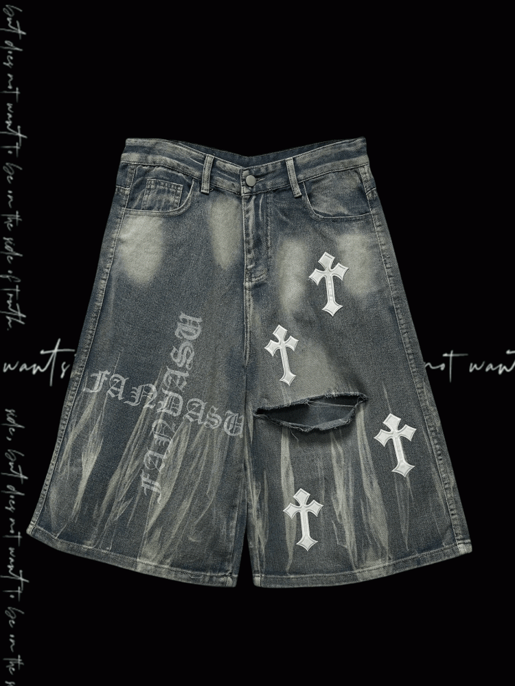Y2K Blue Cross Appliques Distressed Holes Wide-Leg Jeans