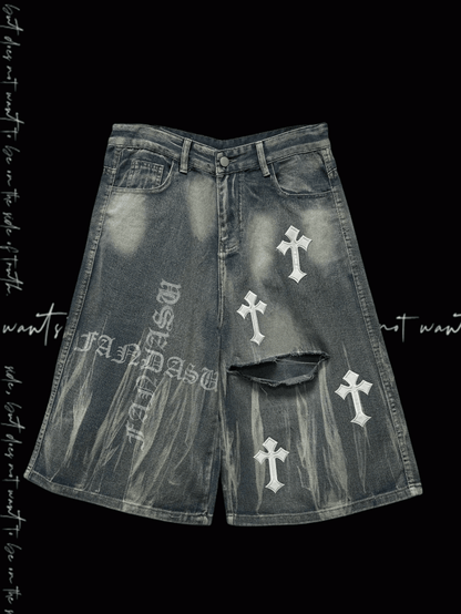 Y2K Blue Cross Appliques Distressed Holes Wide-Leg Jeans