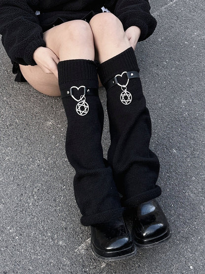 Y2K Black Pentagram Charm Strap Design Knit Leg Warmers