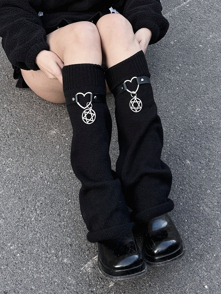 Y2K Black Pentagram Charm Strap Design Knit Leg Warmers