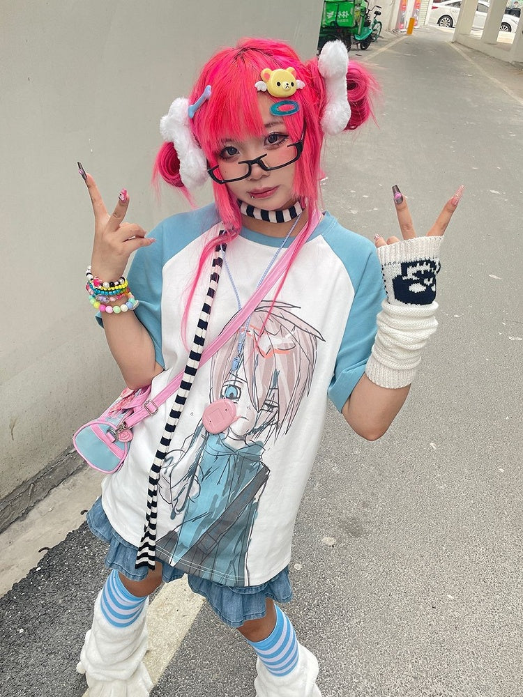 Cartoon Boy Print Blue and White T-shirt