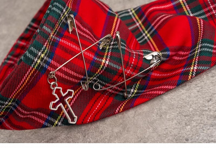 Cross and Pins Red Plaid Goth Punk Triangle Scarf KC
