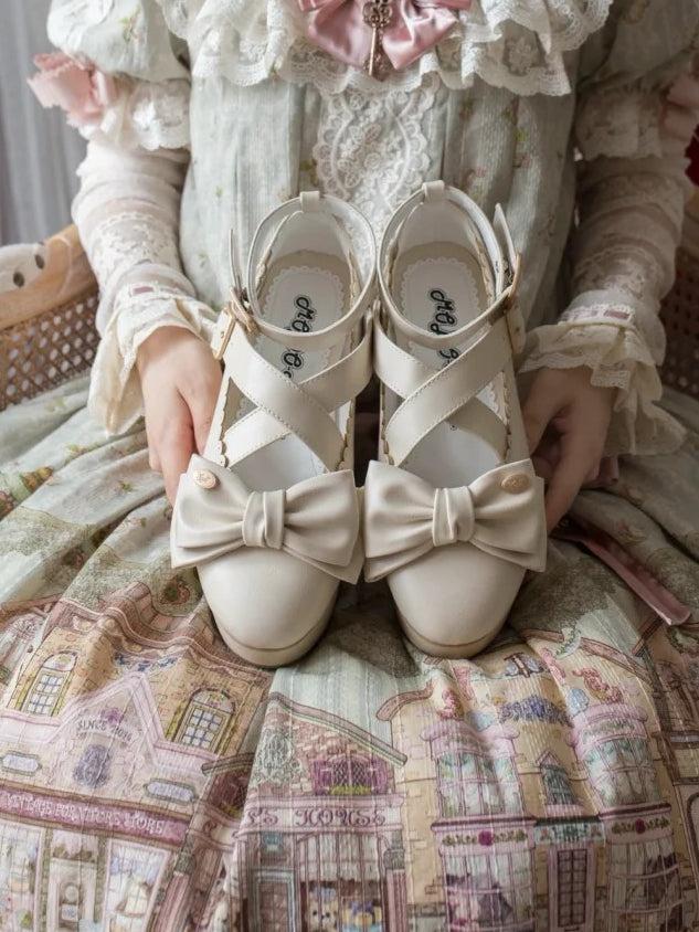 Platform Off-white Lolita Shoes - Crisscross Design & Top Bow